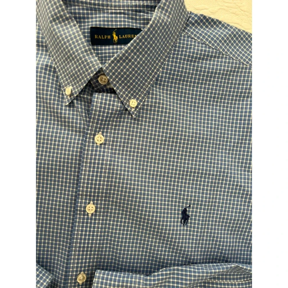 Polo Ralph Lauren Shirt Mens XXL Blue White Gingham Cotton Button Down Pony